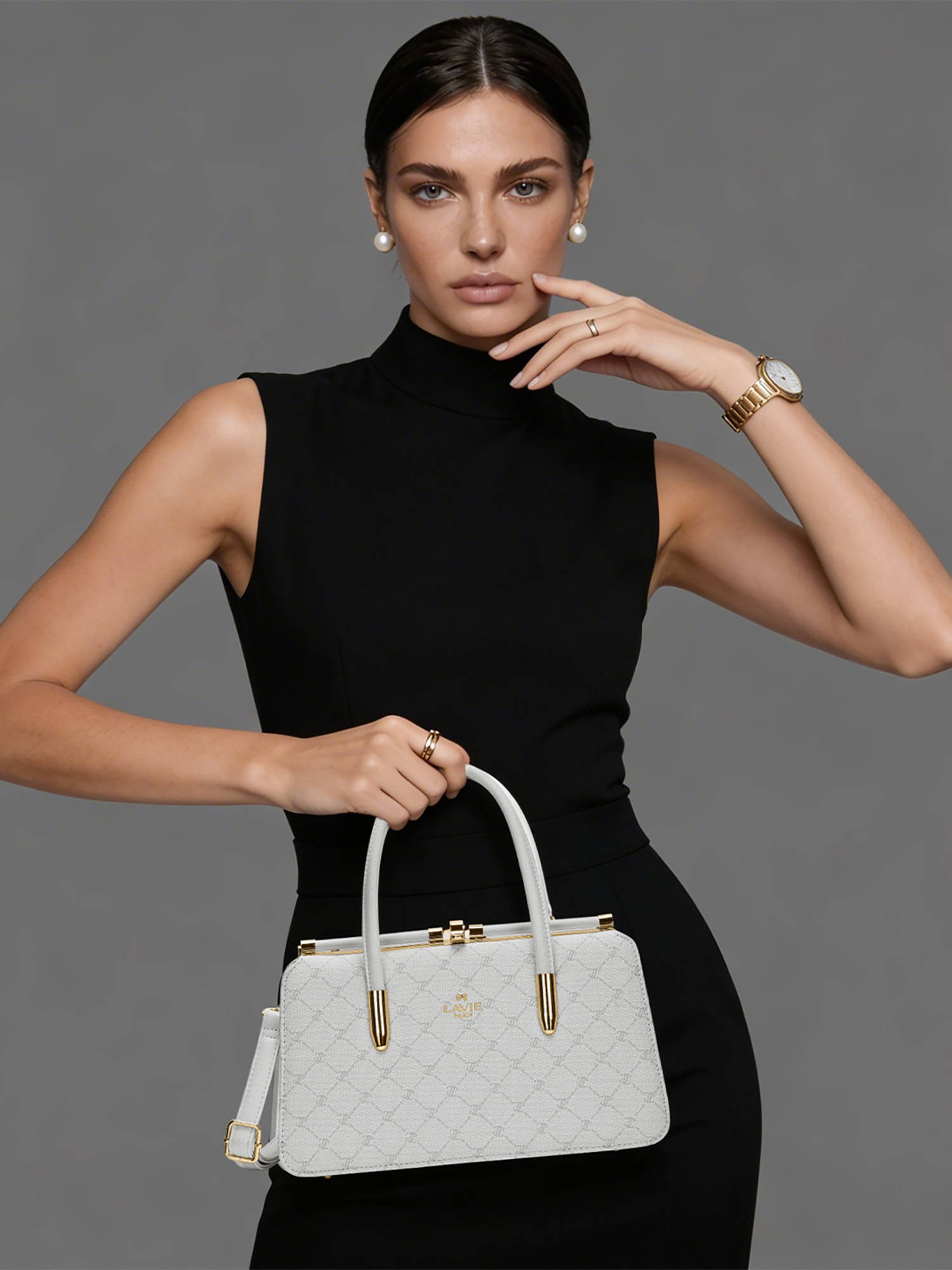Lavie Paris Women's Chic Sat Frame Satchel Bag with Detachable Strap-Off White (MEDIUM)