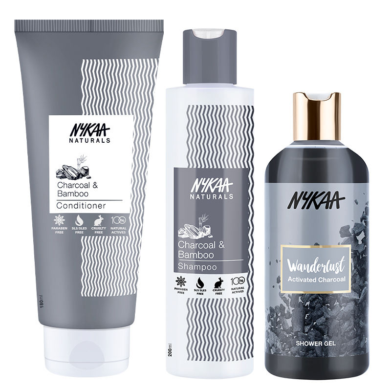 Nykaa Naturals Charcoal & Bamboo Shampoo & Conditioner And Mediterranean Sea Salt Shower Gel Combo