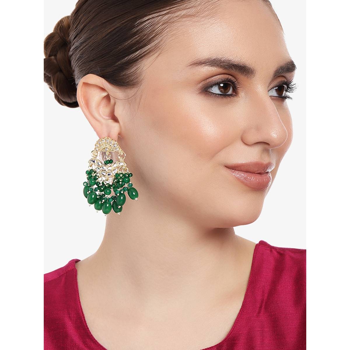 Estele Gold Plated Elegant Designer Gehena Drop Earrings with Green Beads for Women