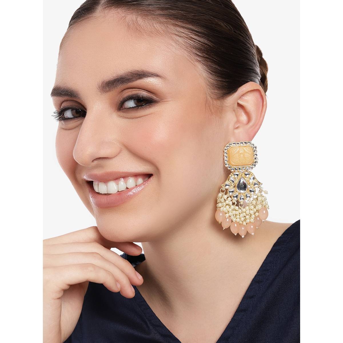Estele Gold Plated beautyable Gehena Drop Earrings with Peach Beads for Women