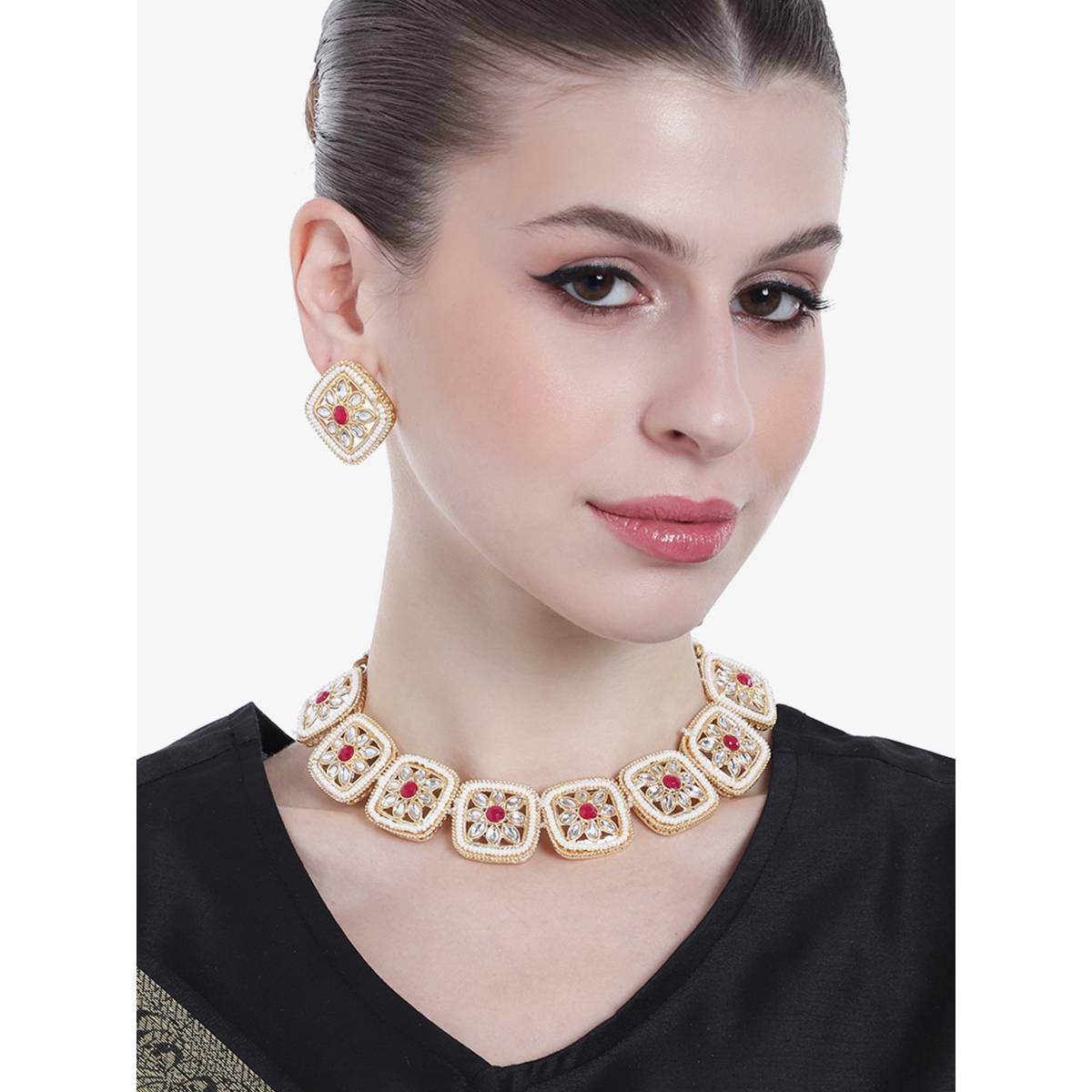 Estele Gold Plated Square Designer Kundan-Studded Gehena Necklace Set for Women