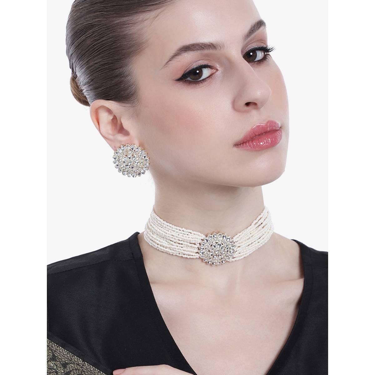 Estele Gold Plated Dazzling Gehena Pearl Necklace Set with Kundan for Women