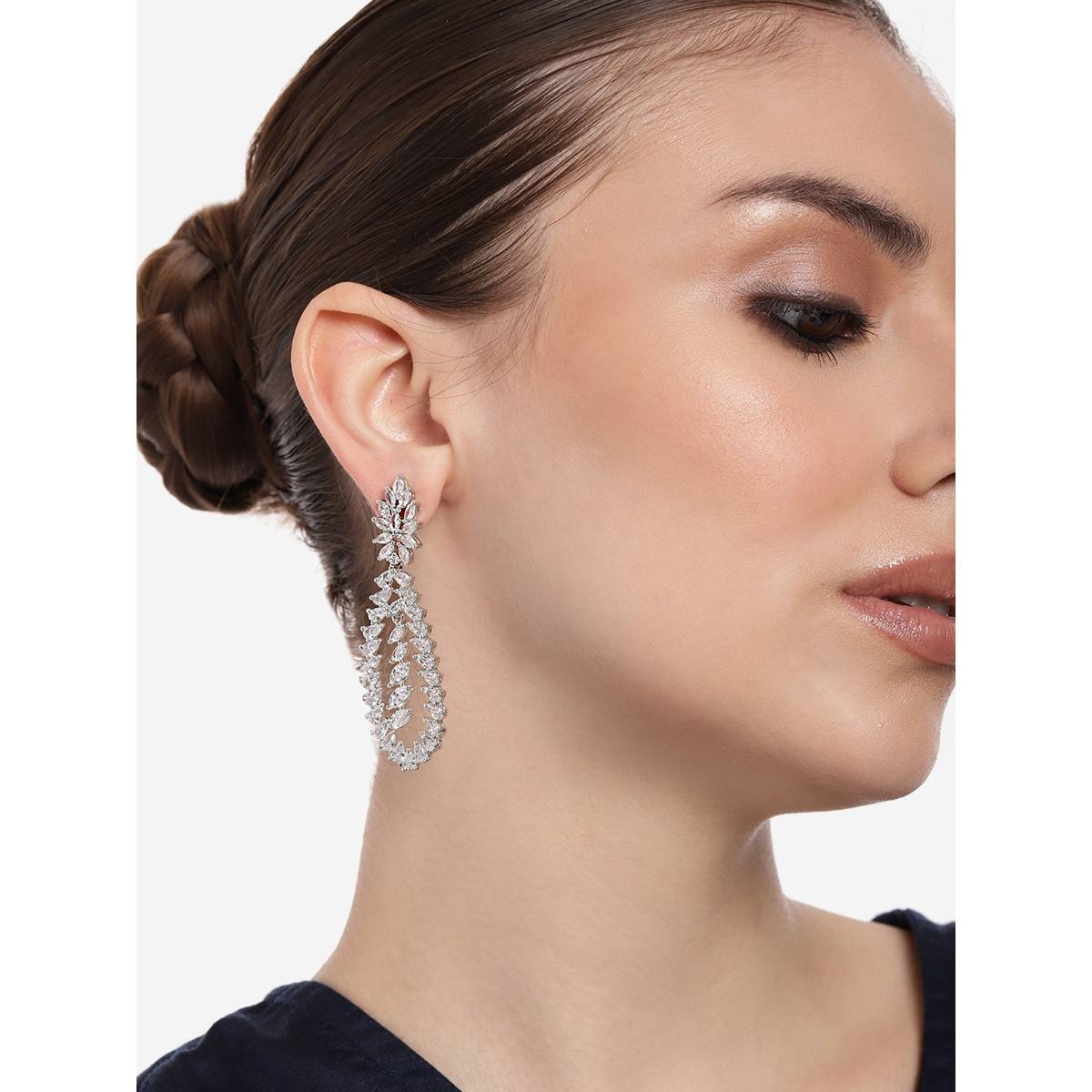 Estele Rhodium Plated CZ Shimmering Drop Designer Earrings with White Stones for Women