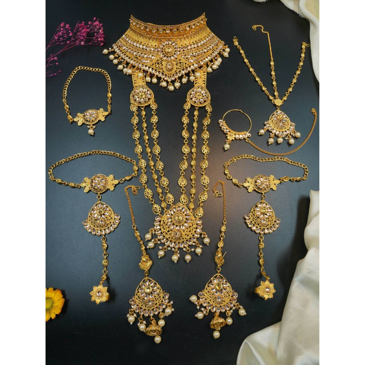 Buy GRIIHAM Fancy Dulhan Gold Polish Bridal Jewellery Set Combo Online