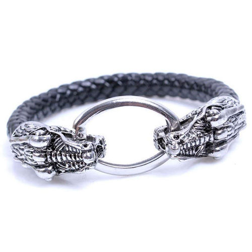 Peora Black Pure Leather Dragon Head Braided Bracelet For Men Boys (PX9LB04)