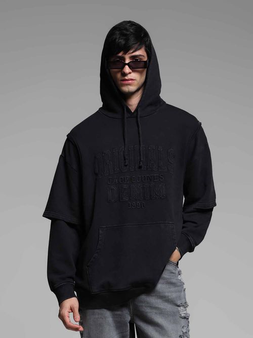 Jack Jones Men Black Oversized Fit Typography Hoodie