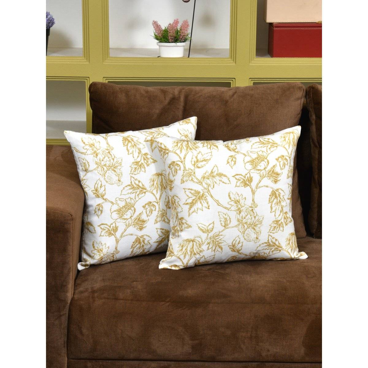 The Home Story Yellow Flowers Cushion Covers - 16x16 Inches (Pack of 2)