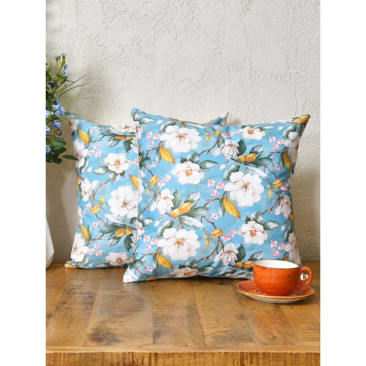 The Home Story White Flowers On Blue Cushion Covers - 16x16 Inches (Pack of 2)