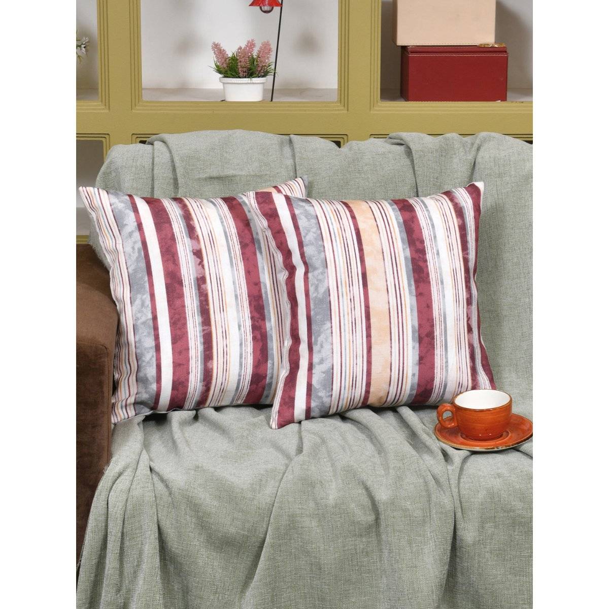 The Home Story Maroon Grey Stripes Cushion Covers - 16x16 Inches (Pack of 2)
