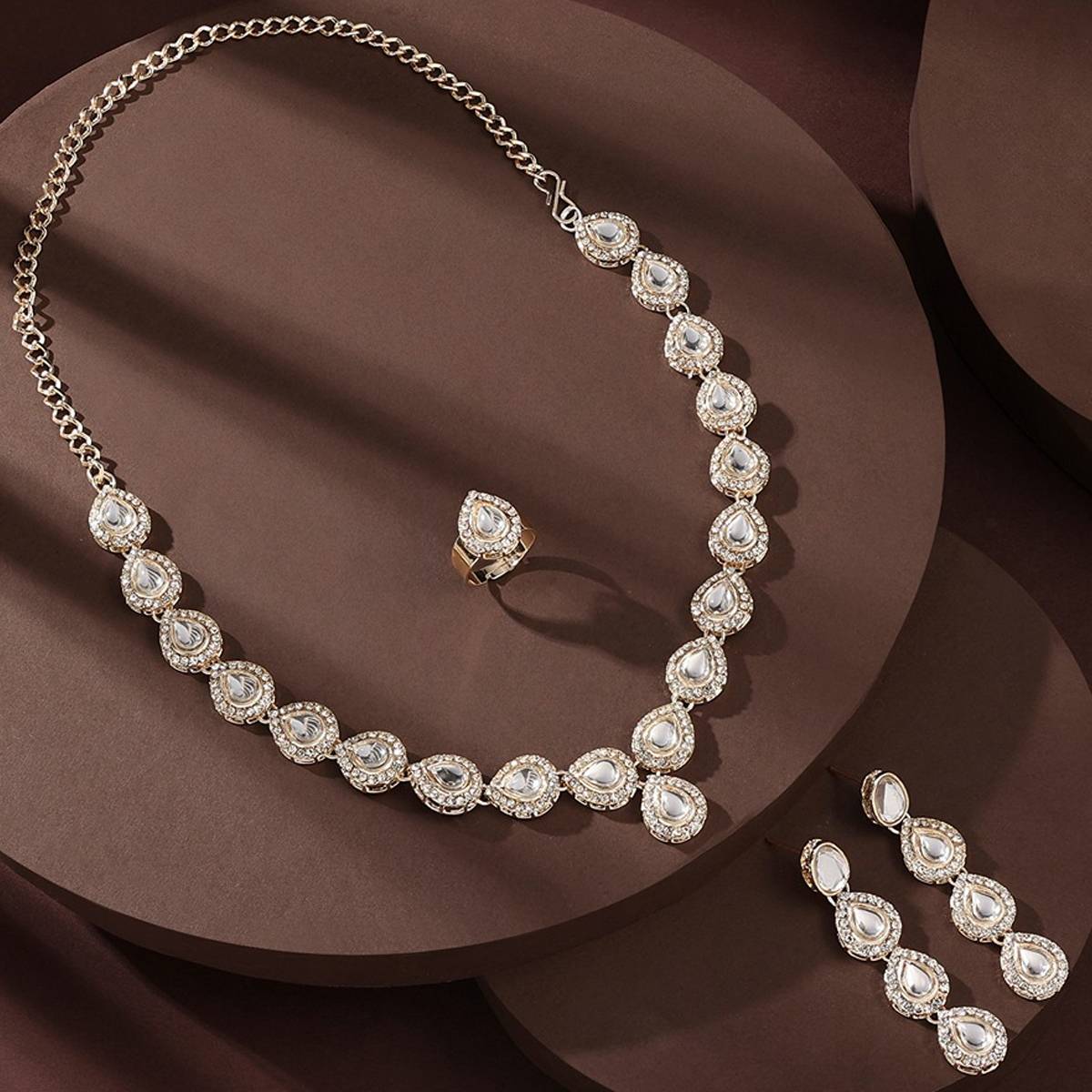 Zaveri Pearls Gold Tone Dazzling Kundan & AD Necklace Earrings & Ring Set