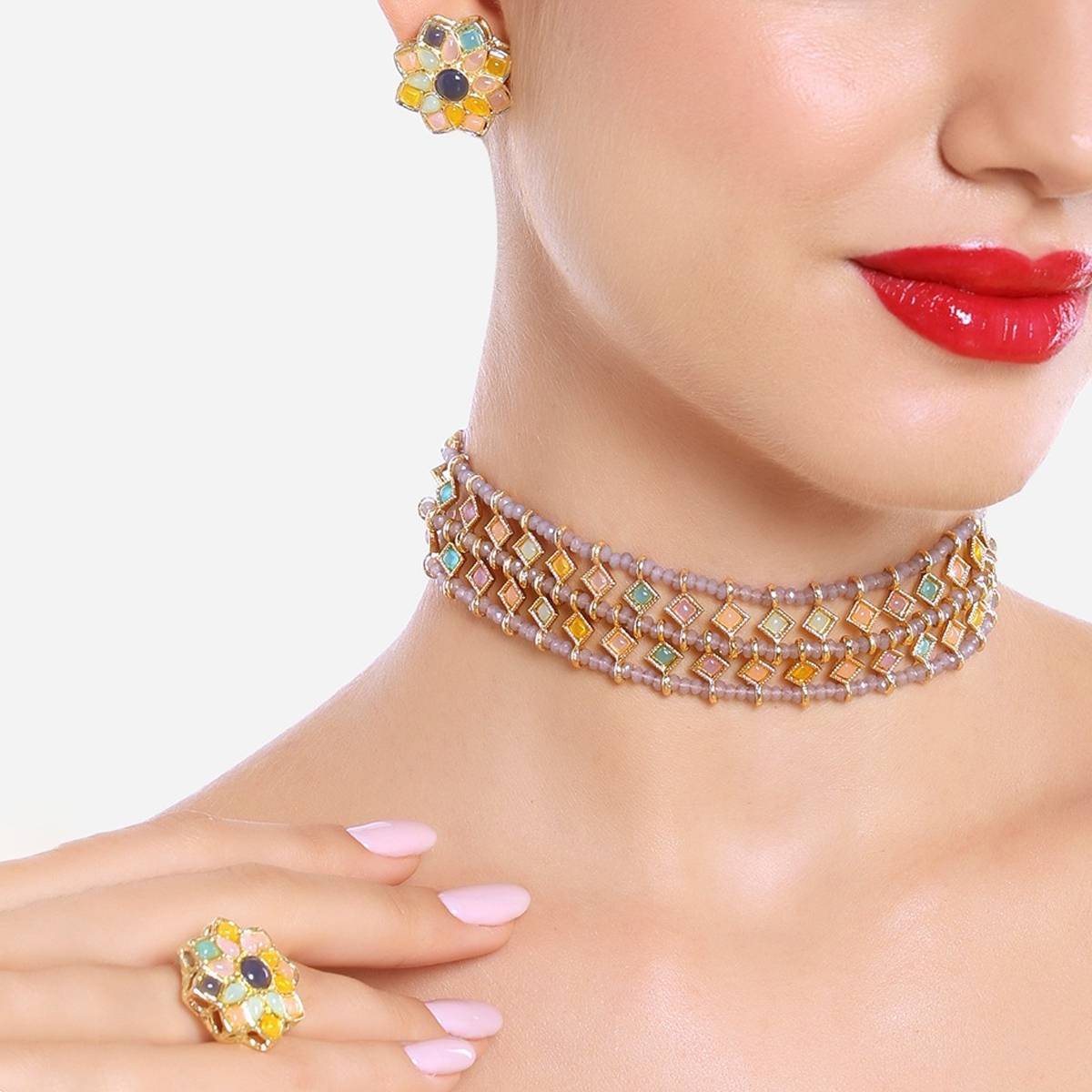 Zaveri Pearls Multi Color Stones & Beads Choker Necklace Earrings & Ring Set