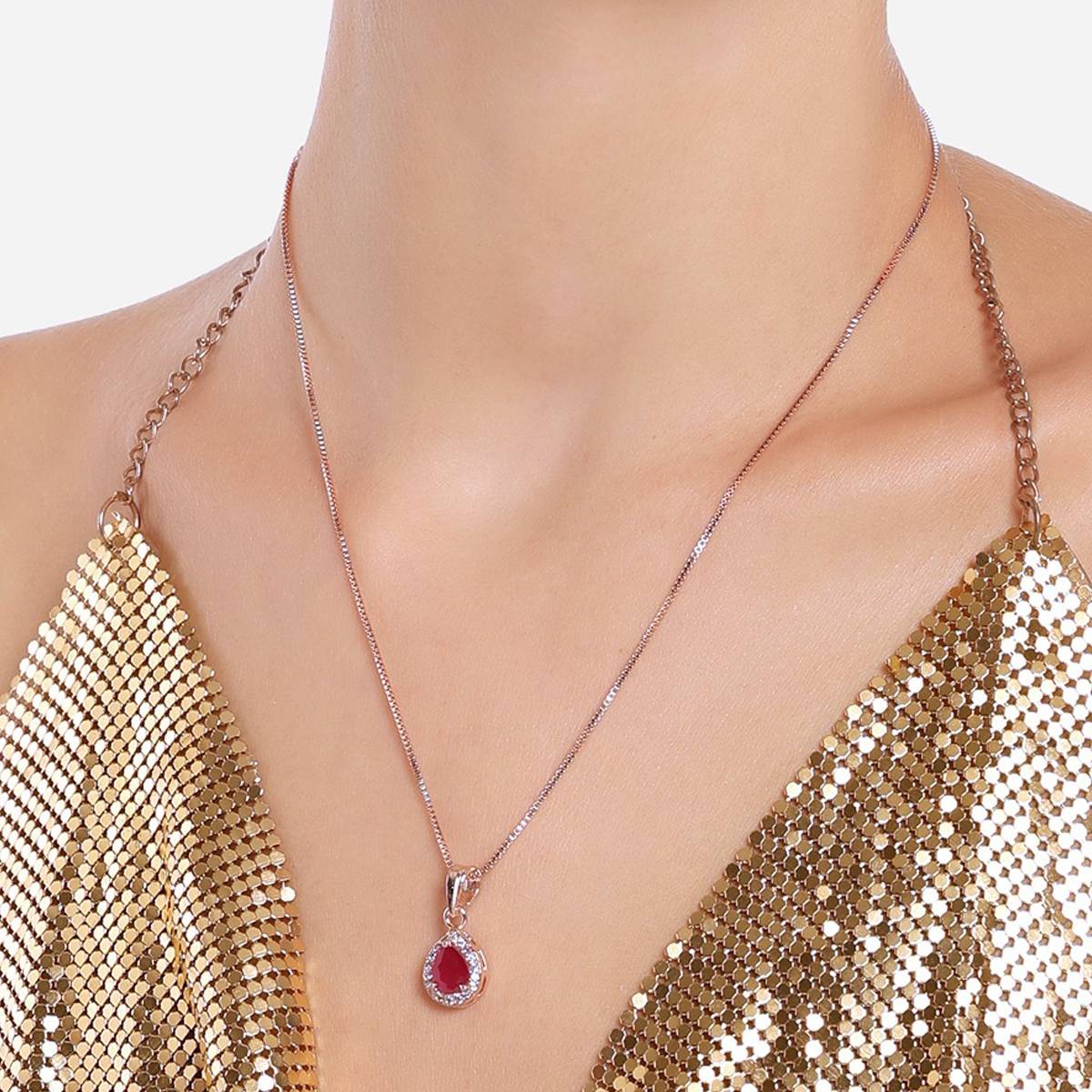 Zaveri Pearls Pink Rose Gold Cubic Zirconia Pearl Embellished Pendant Chain Necklace