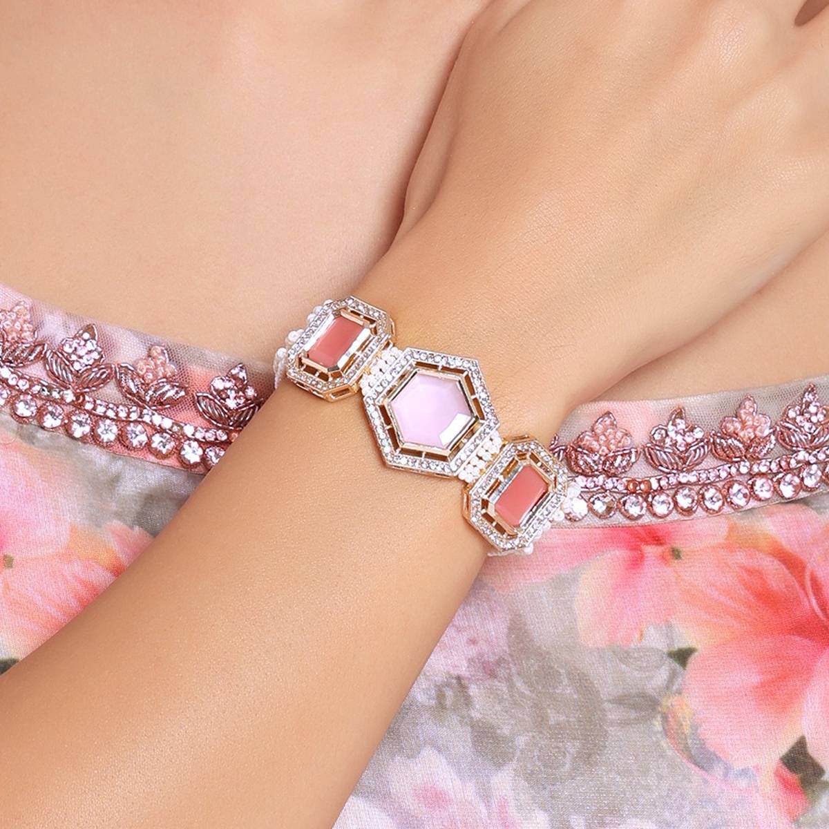 Zaveri Pearls Pink Multistrand Artificial Stones & Beads Ethnic Bracelet