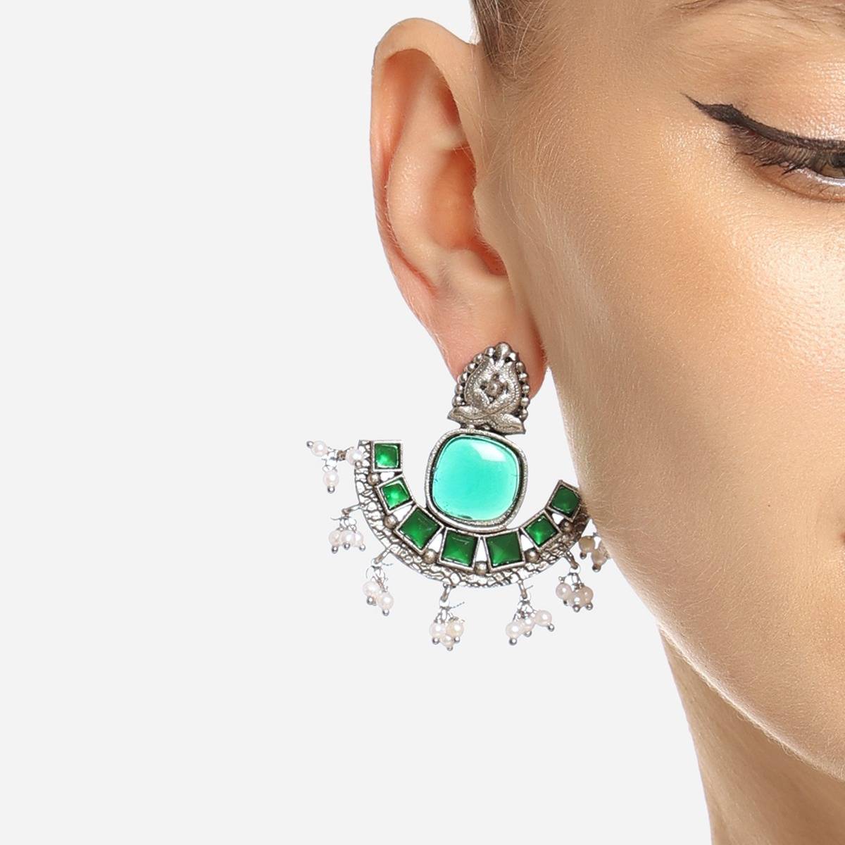 Zaveri Pearls Green Silver Oxidized Stones Beads Traditional Drops Earrings