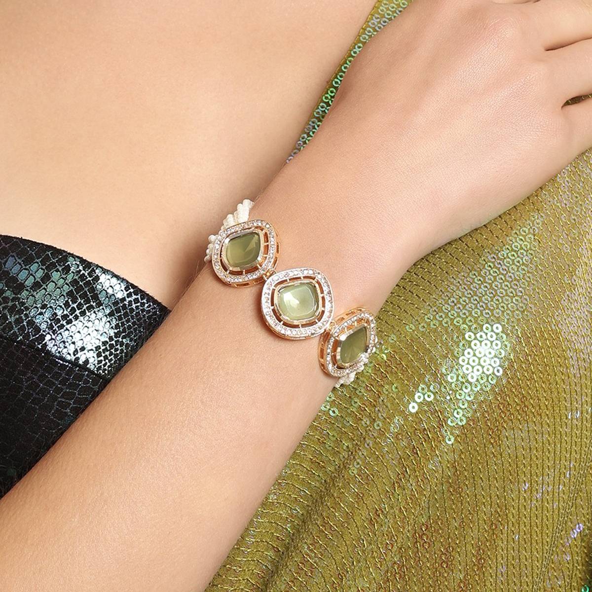 Zaveri Pearls Green Multistrand Artificial Stones & Beads Ethnic Bracelet