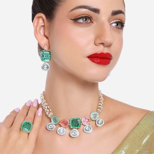 Buy Zaveri Pearls Green Pink Stones Multistrand Choker Necklace