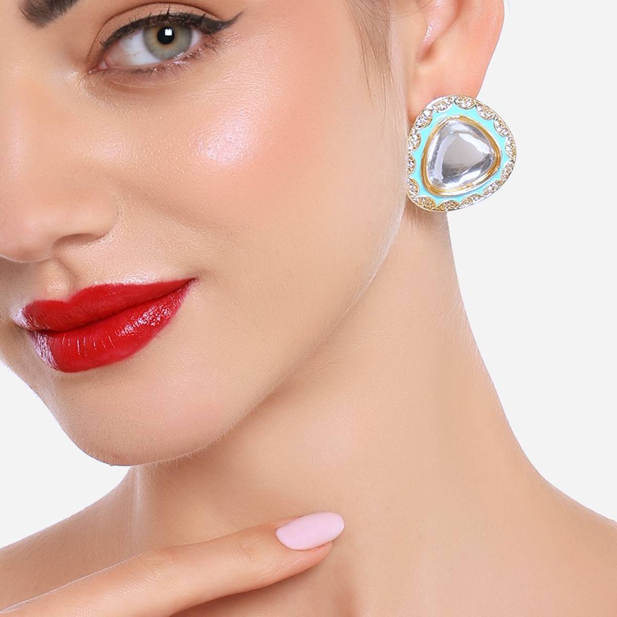Zaveri Pearls Turquoise Blue Enamel Stones & Austrian Diamonds Stud Earrings