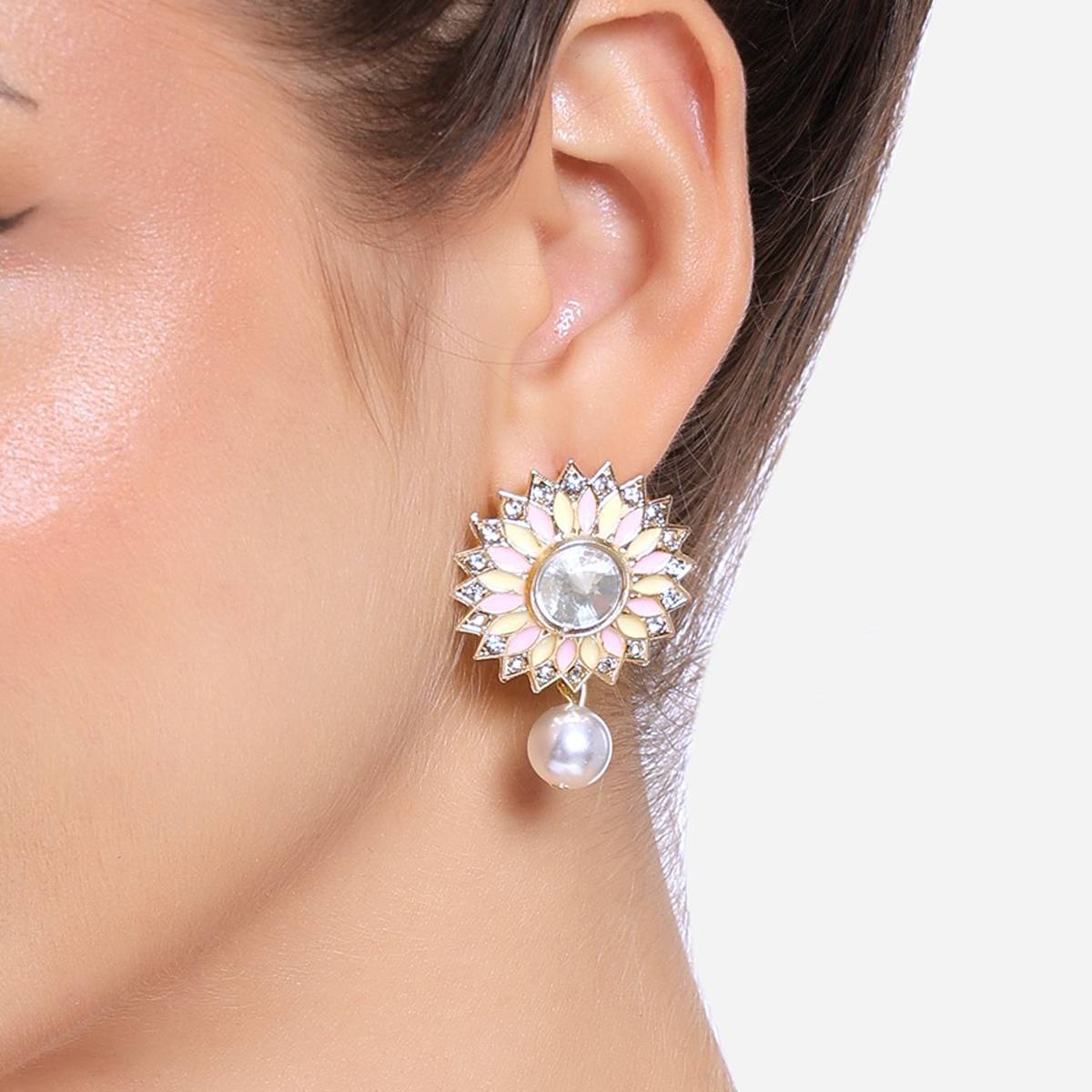 Zaveri Pearls Pink Yellow Sunflower Enamel AD & Pearls Ethnic Drop Earrings