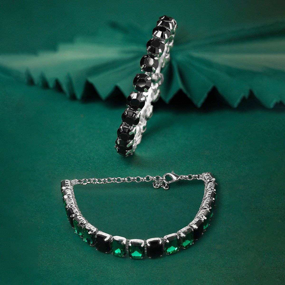 Zaveri Pearls Set of 2 Black & Green Stones Embellished Bracelets Set