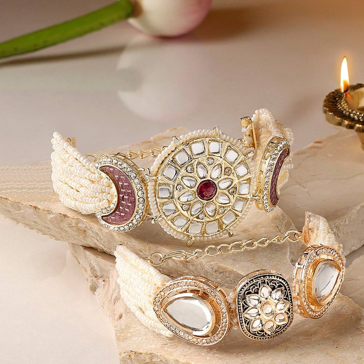Zaveri Pearls Set of 2 Multicolor Enamel Multistrand Bead Crescent Bracelet