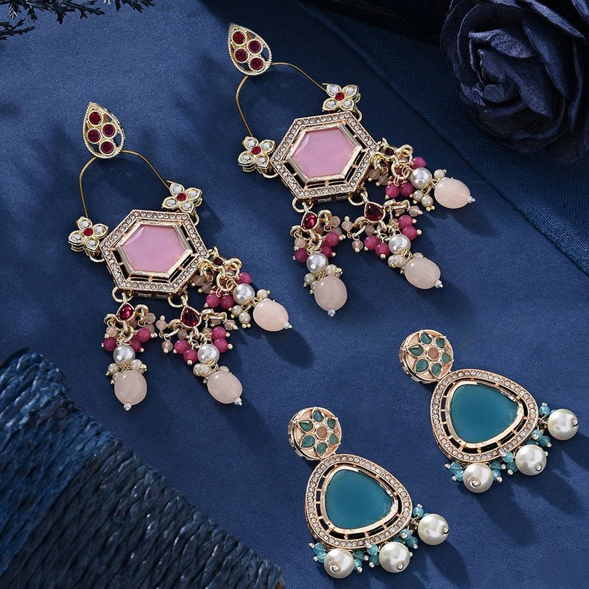 Zaveri Pearls Set of 2 Blue & Pink Kundan & AD Dangle Drop Earring