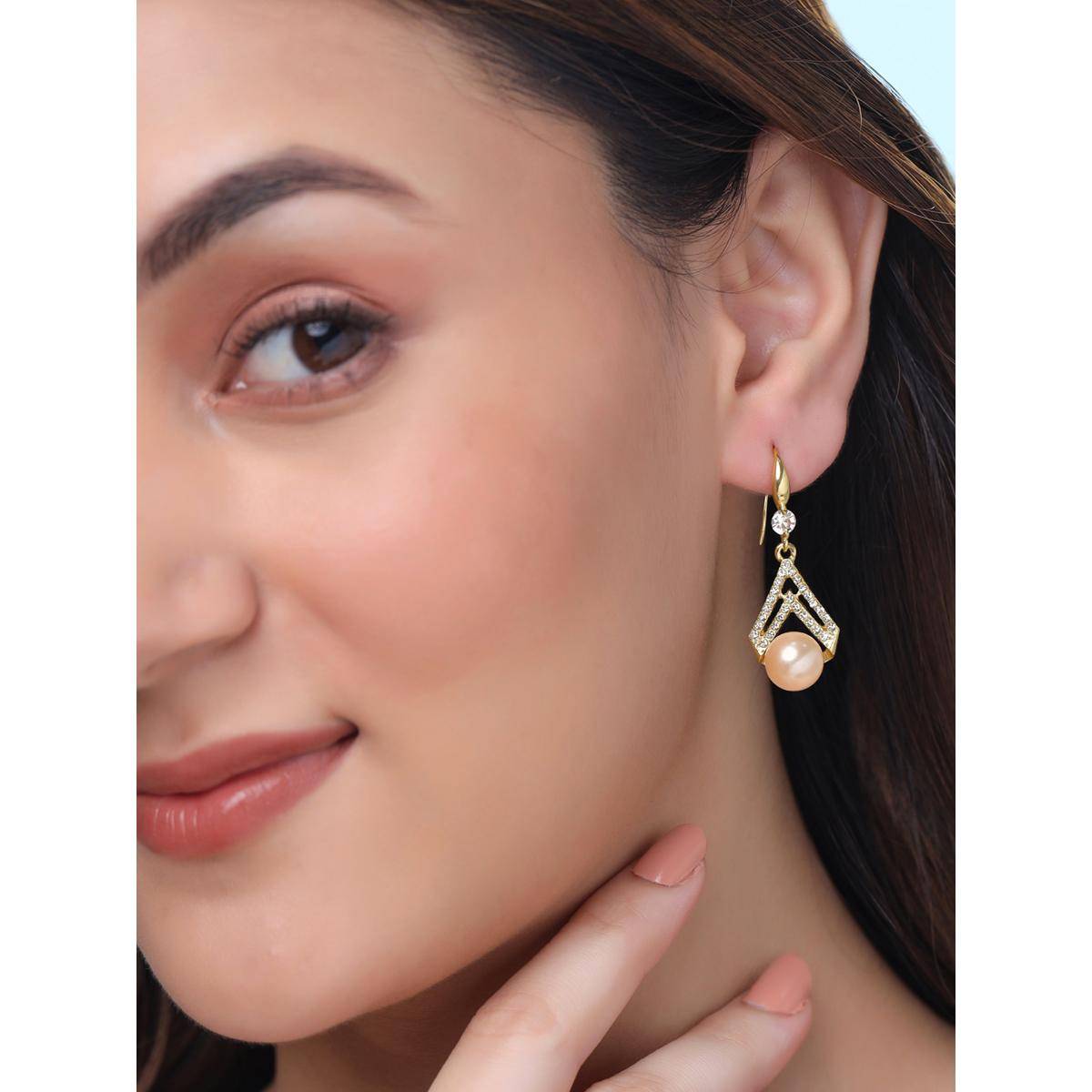 Yellow Chimes Gold Toned Crystal Pearls Earrings