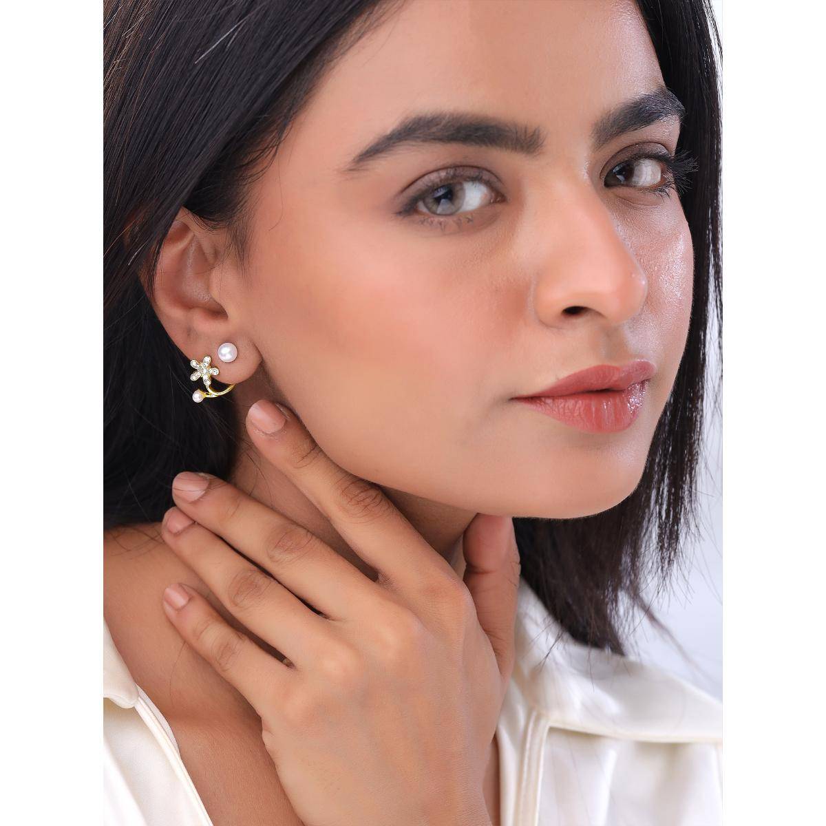 Yellow Chimes Golden Studs Earrings Ear Cuff Jacket Gold Plated Floral Shaped