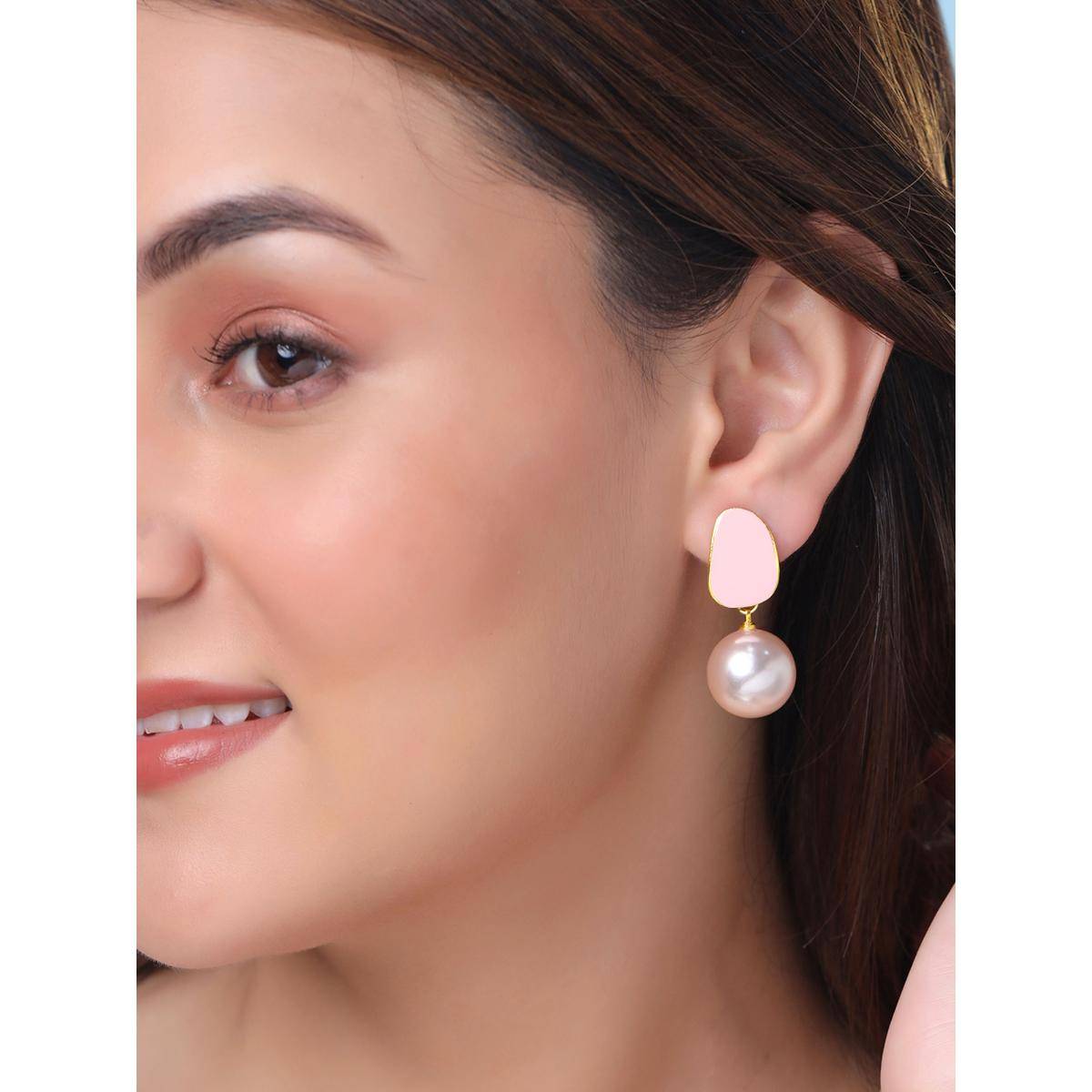 Yellow Chimes Pearl Gold Toned Pink Pearls Drop Earrings