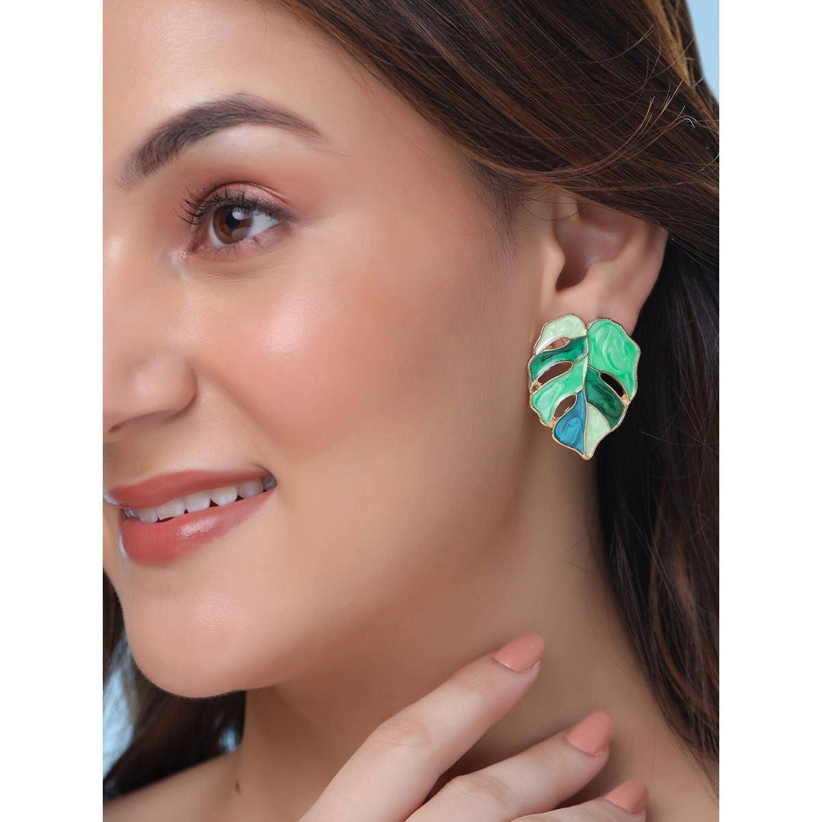 Yellow Chimes Bohemian Leafy Shaped Green Studs Earrings