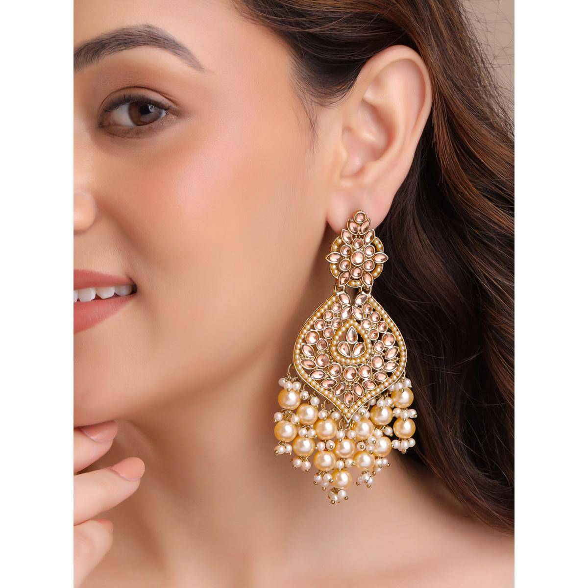 Yellow Chimes Ethnic Gold Plated Kundan Long Dangler Pearl Earrings