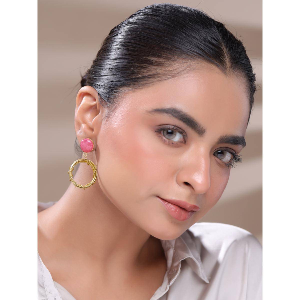 Yellow Chimes Pink Stone Gold Plated Circle Drop Earrings