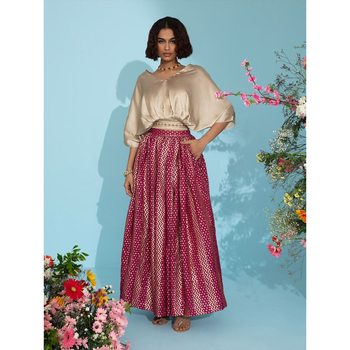 RED LONG FLARED EMBROIDERED MIRROR WORK SKIRT WITH WHITE EMBROIDERED SHIRT  – Saad Ibrahim