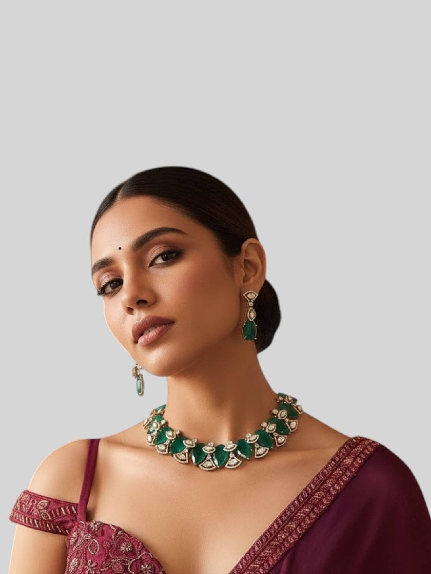 Auraa Trends Gold Finish Kundan Polki And Deep Green Stone Choker Necklace With Earrings