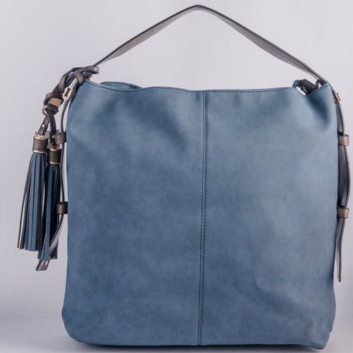 blue suede tote bag