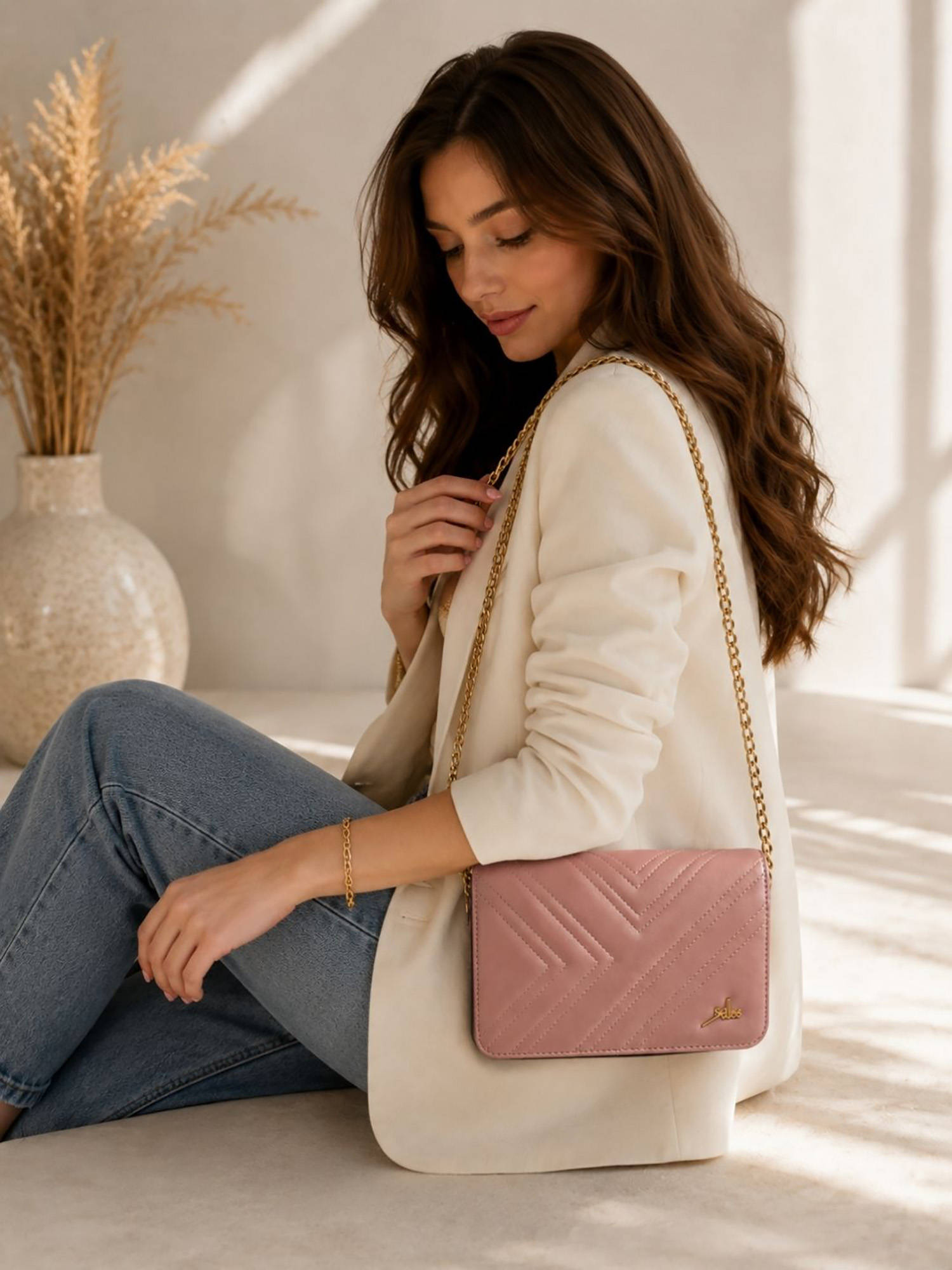 Yelloe Pink Quilted Sling Bag with Detachable Chain