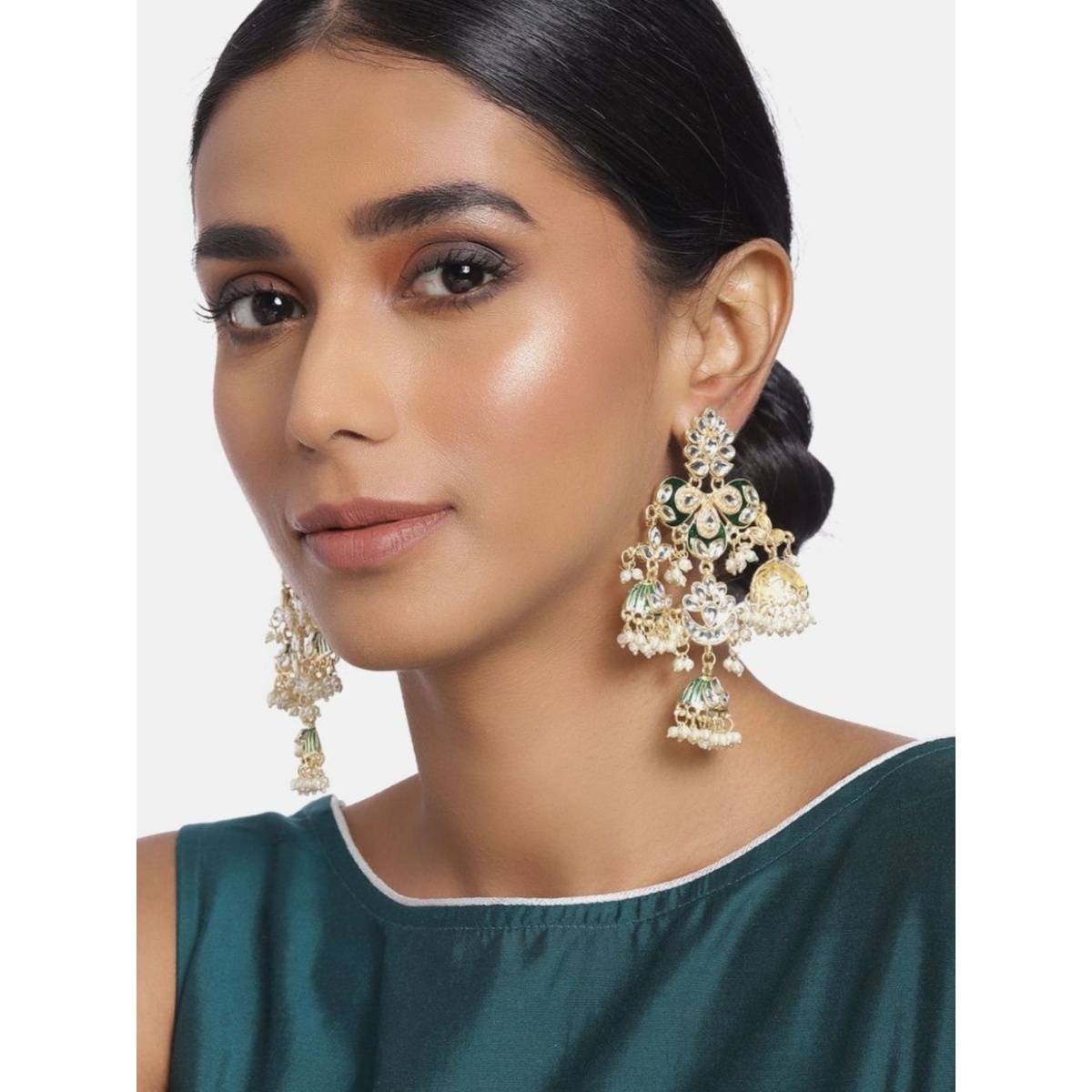 I Jewels Gold Plated Kundan Pearl Studded Jhumki Dangle Earrings