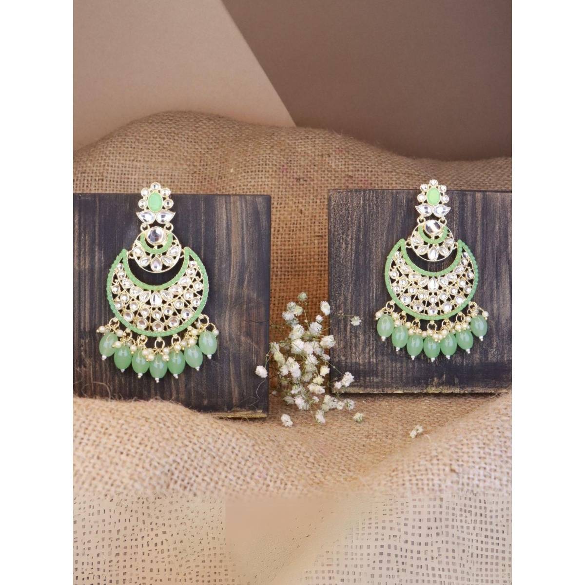 I Jewels Gold Plated Traditional Handcrafted Pearl Kundan Beaded Chandbali Earrings