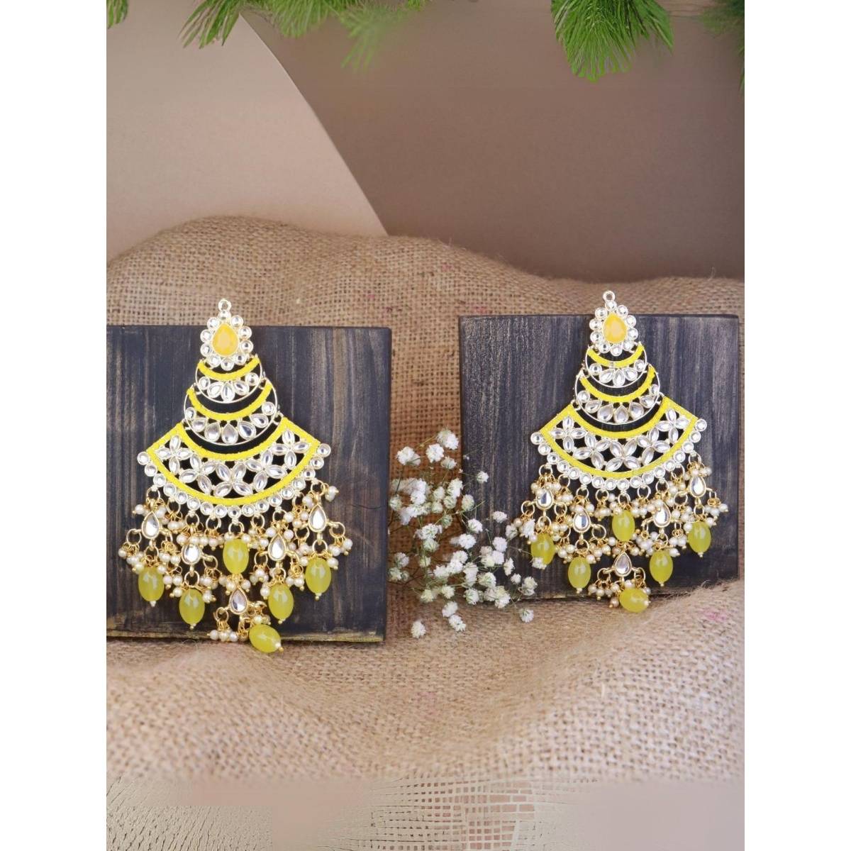 I Jewels Gold Plated Traditional Handcrafted Pearl Kundan Beaded Chandbali Earrings