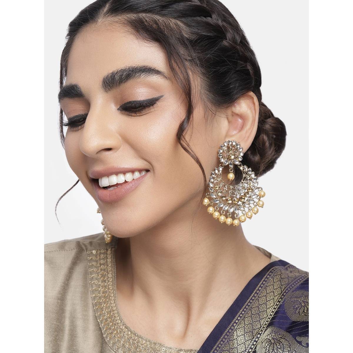 I Jewels Traditional With Antique Finish Kundan & Pearl Chandbali Earrings