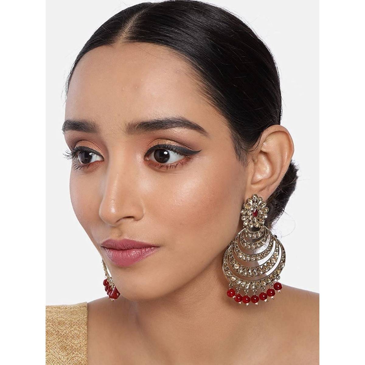 I Jewels Stunning Antique Finish Encased with Kundan and Faux Pearl Chandbali Earrings