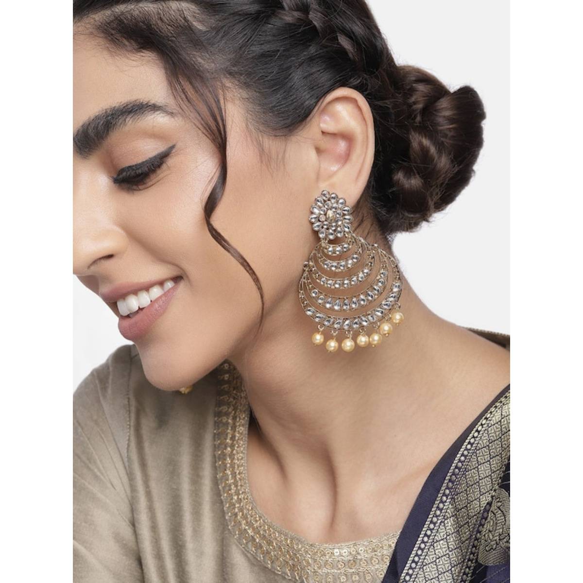 I Jewels With Stunning Antique Finish Encased with Kundan & Faux Pearl Chandbali Earrings