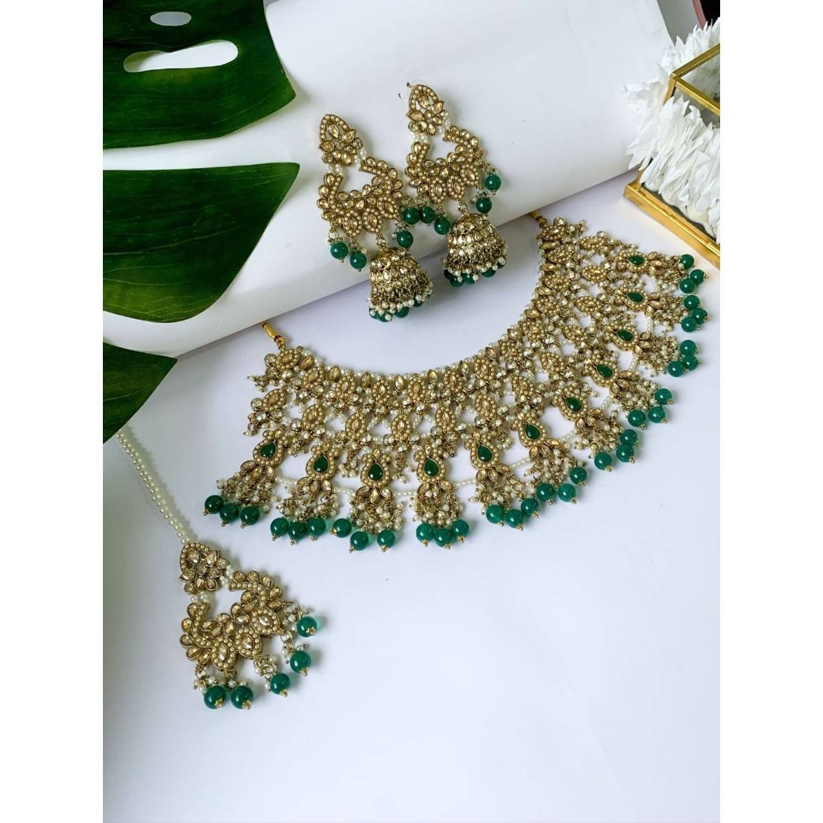 I Jewels Traditional Kundan & Pearl Drops Bridal Choker Necklace Jewellery Set