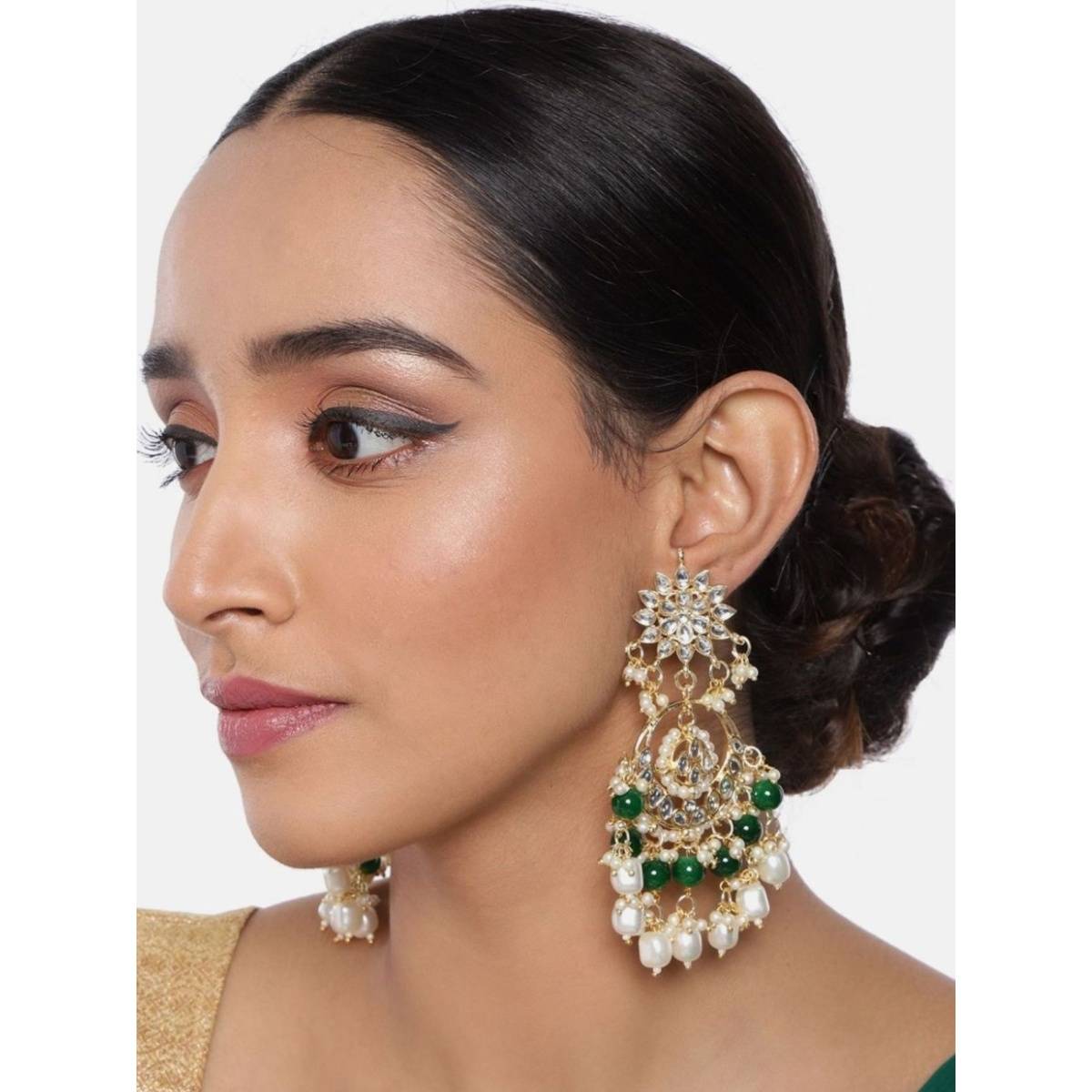 I Jewels Gold Plated Traditional Handcrafted Pearl Kundan Beaded Drop Earrings