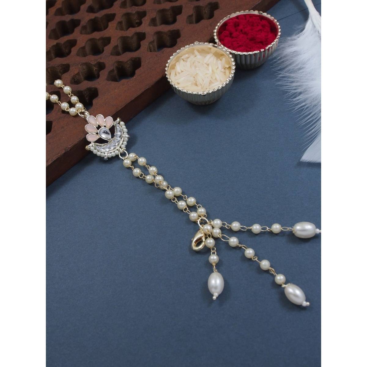 I Jewels Peach Floral Shaped Kundan & Pearl Bracelet Rakhi with Roli Chawal
