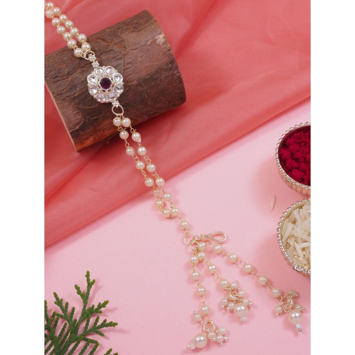 I Jewels Maroon Floral Shaped Kundan & Pearl Bracelet Rakhi with Roli Chawal