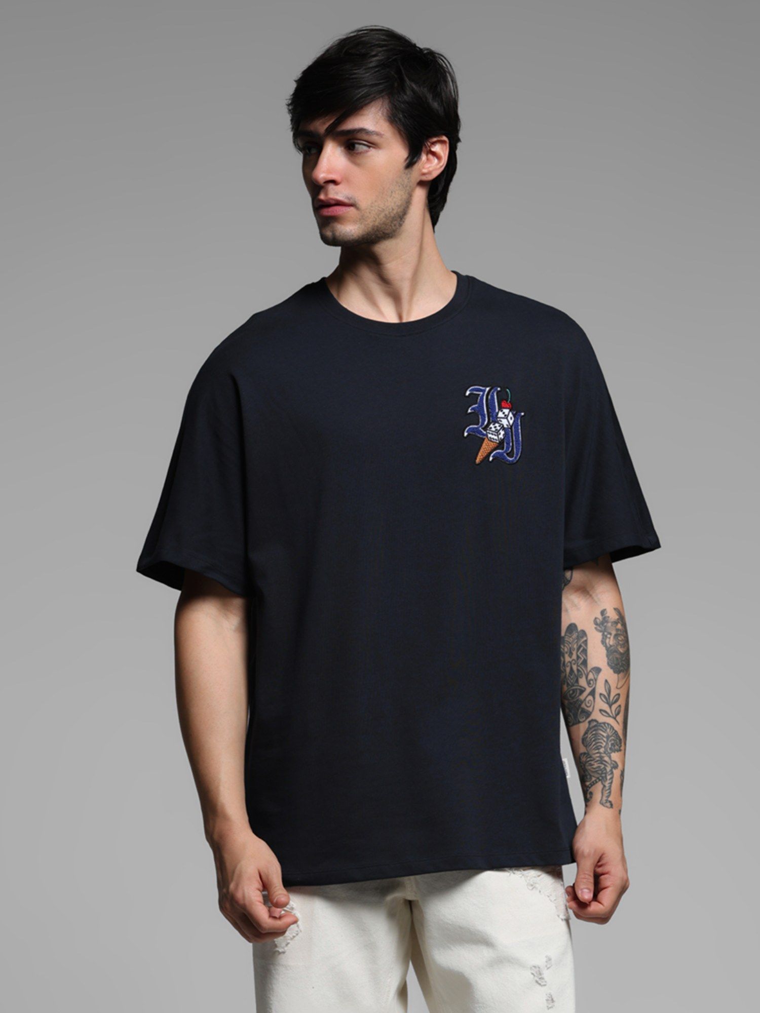 Buy Jack & Jones Navy Blue Oversized Fit Embroidered T-Shirt Online