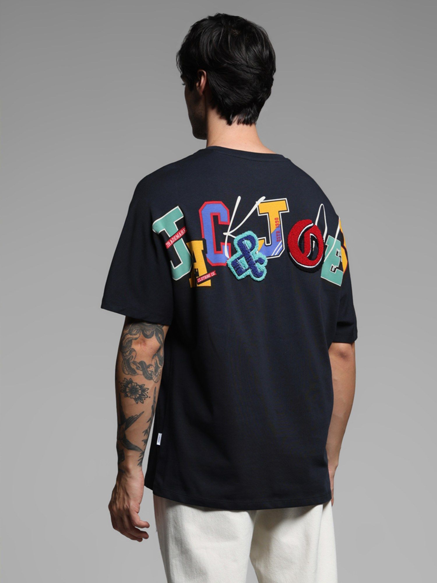 Buy Jack & Jones Navy Blue Oversized Fit Embroidered T-Shirt Online