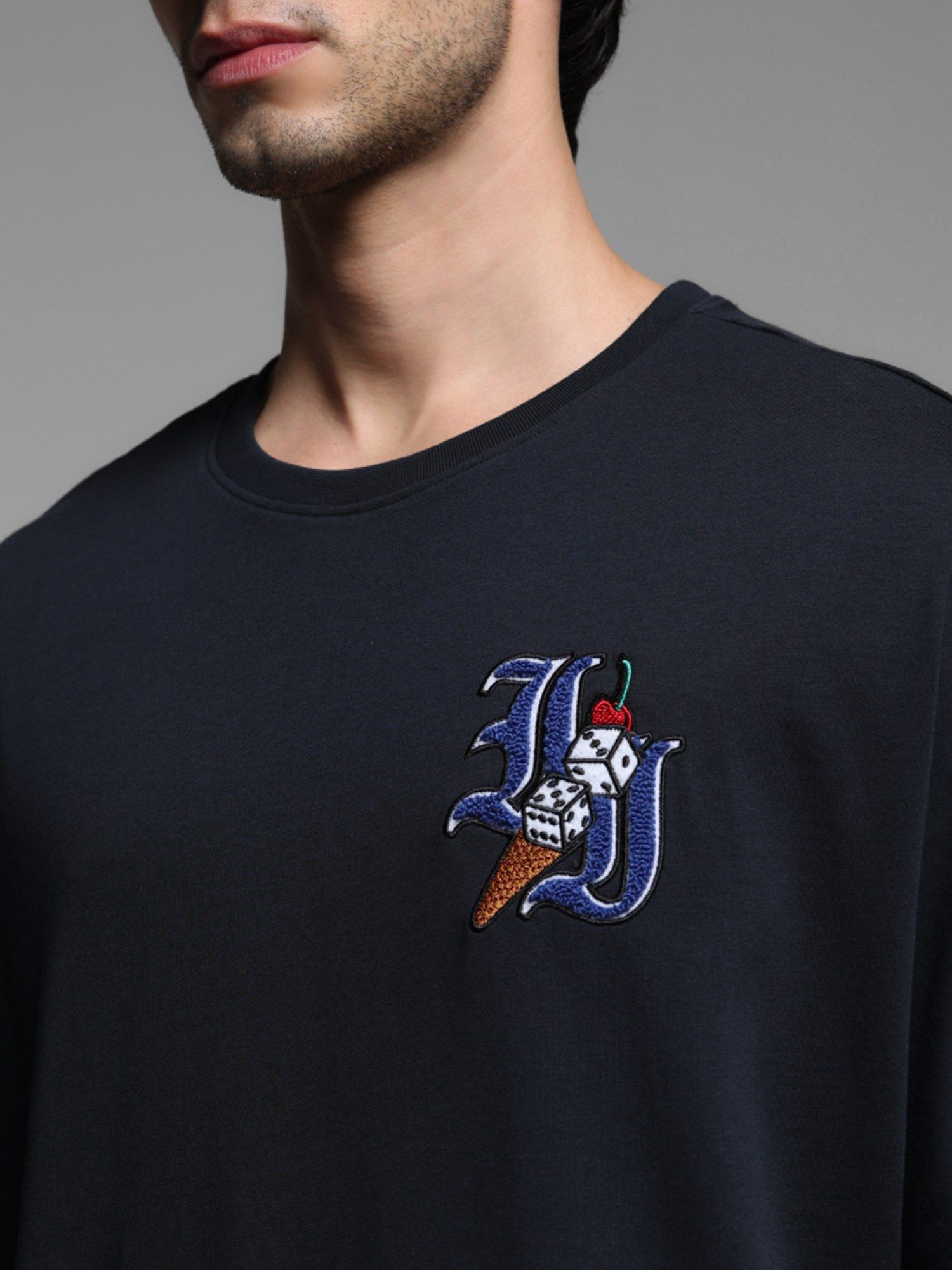 Buy Jack & Jones Navy Blue Oversized Fit Embroidered T-Shirt Online