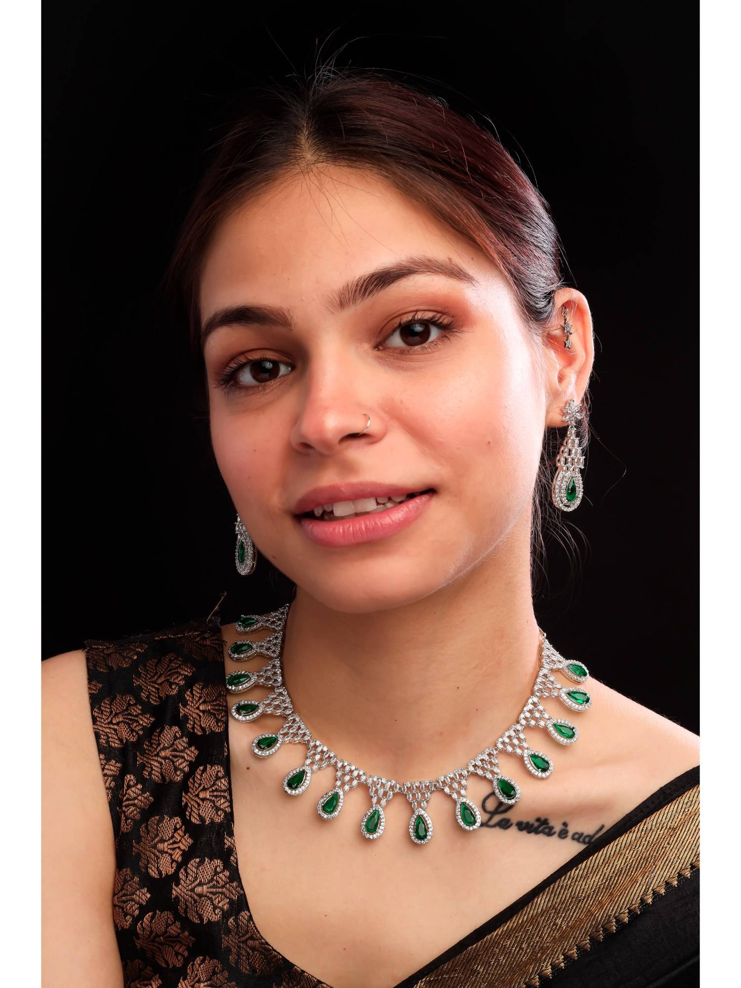 STILEADDA Green Ad-Cz Tear Drop Statement Necklace Set