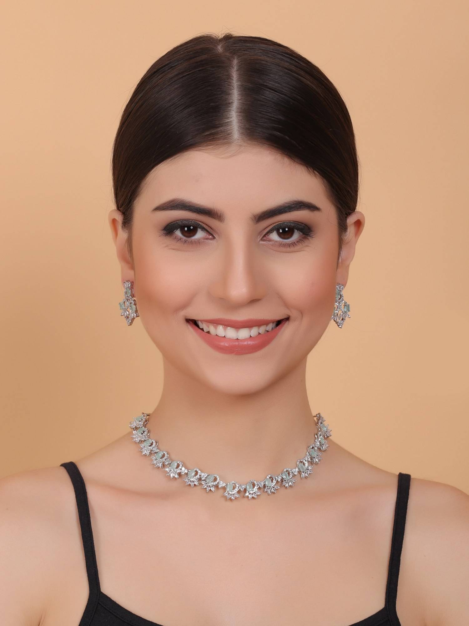 STILEADDA Elegant Mint Green American Diamond Sleek Necklace Set
